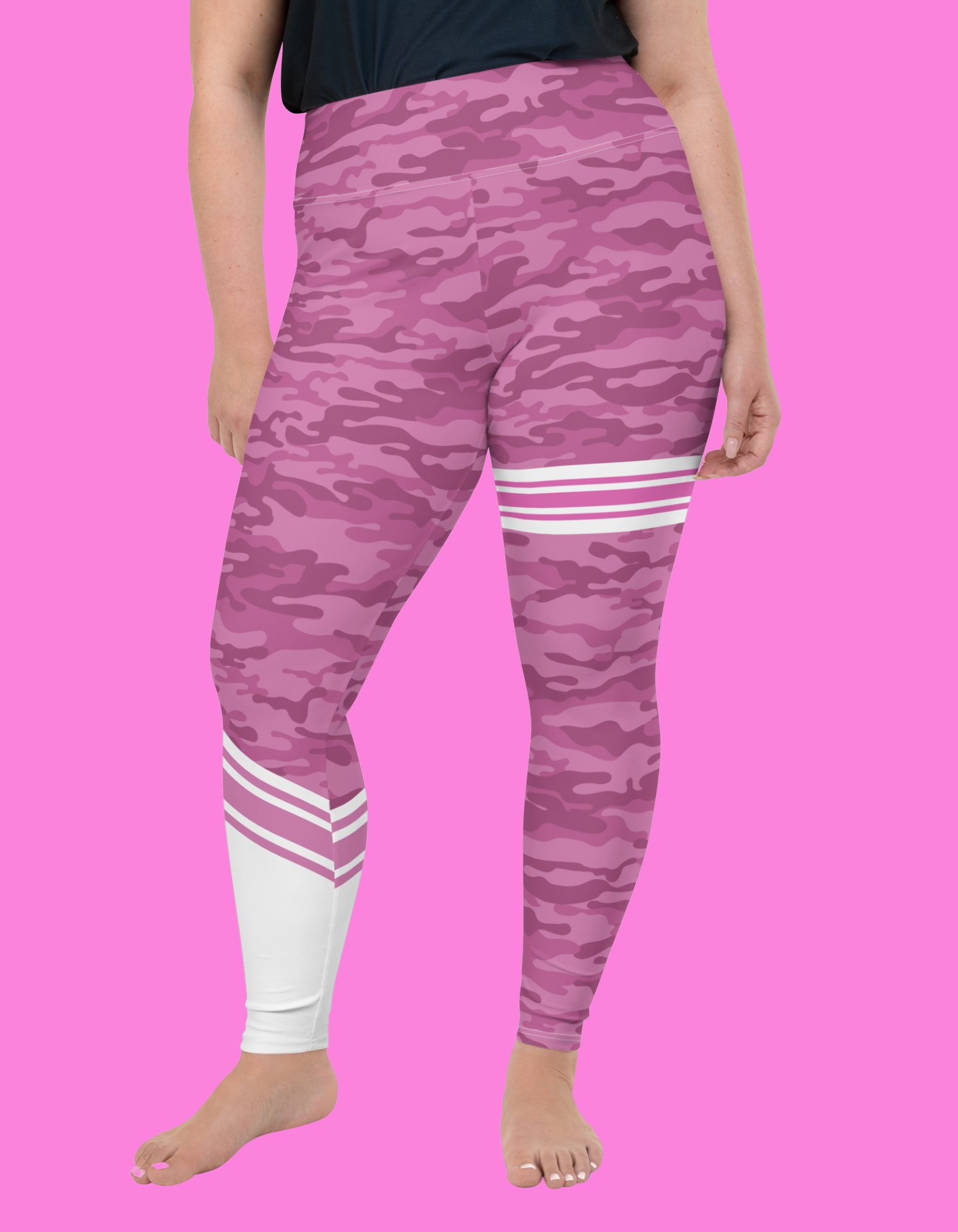 Pink Camo Leggings with Stripe - Plus Size